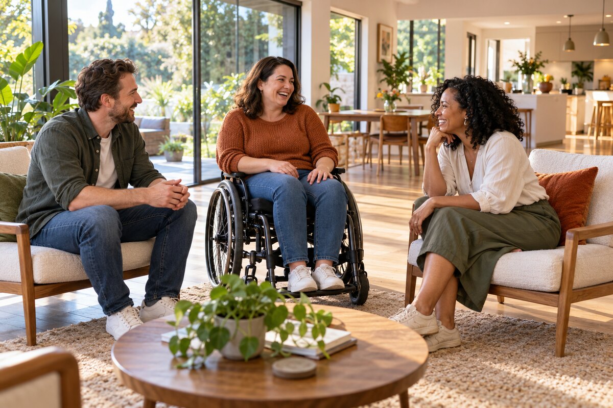 A wheelchair user and two friends smiling together in a spacious living room