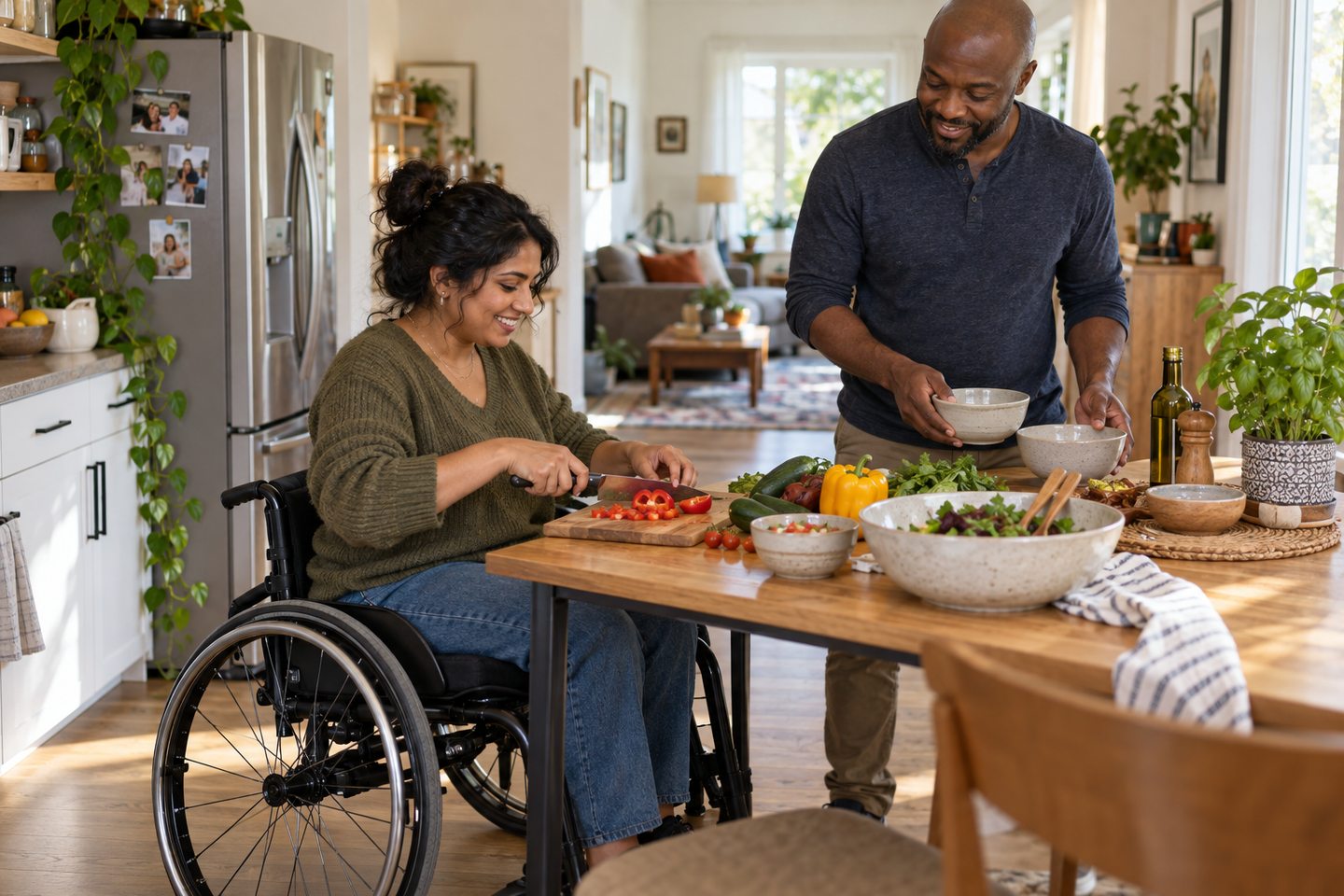 A wheelchair user and a standing housemate preparing lunch together in an open kitchen.