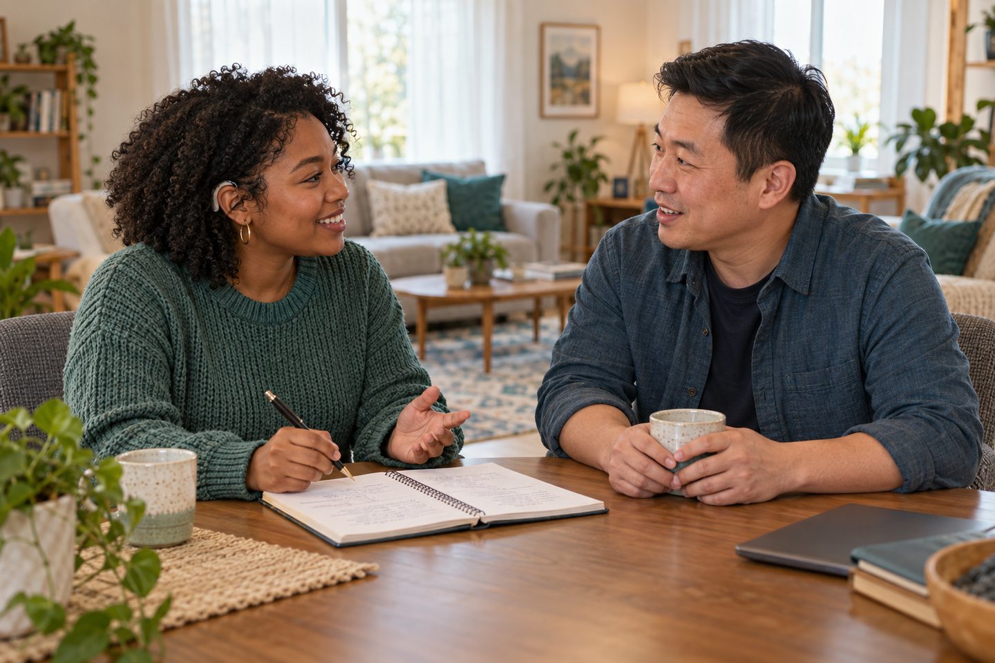 Two housemates discussing routines face to face in a softly lit, uncluttered living room.
