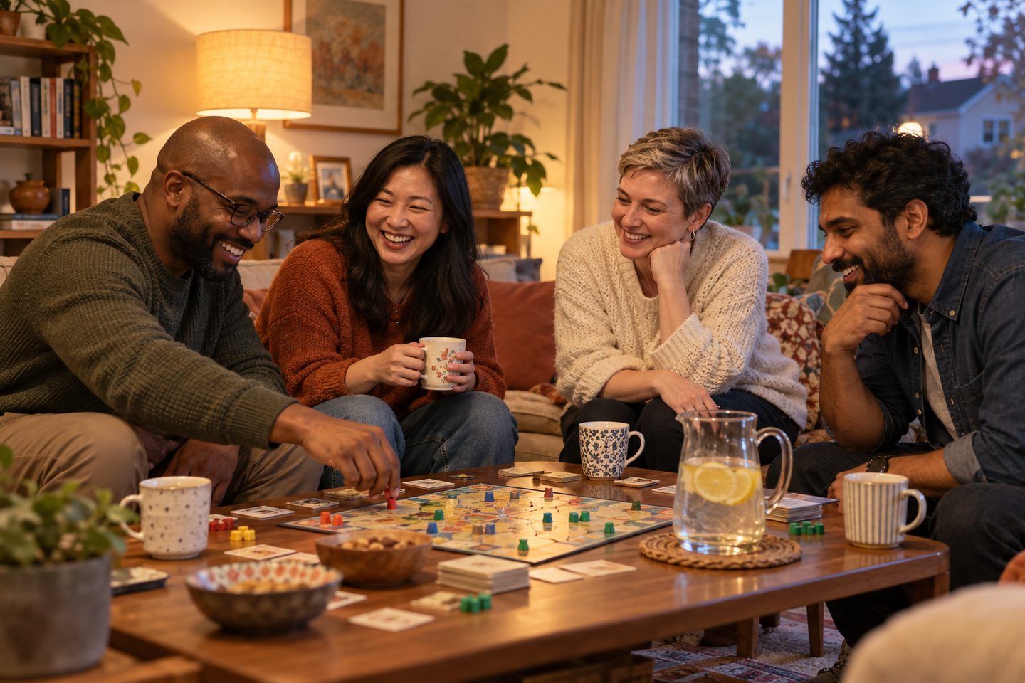 Four adult housemates enjoying a board game with tea and lemon water.