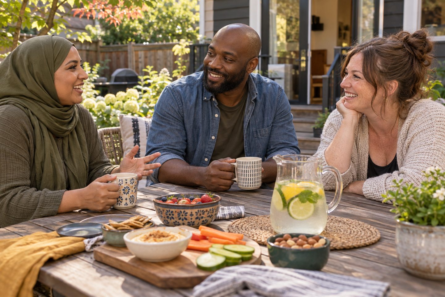 Three adult housemates sharing tea and conversation on a backyard patio.