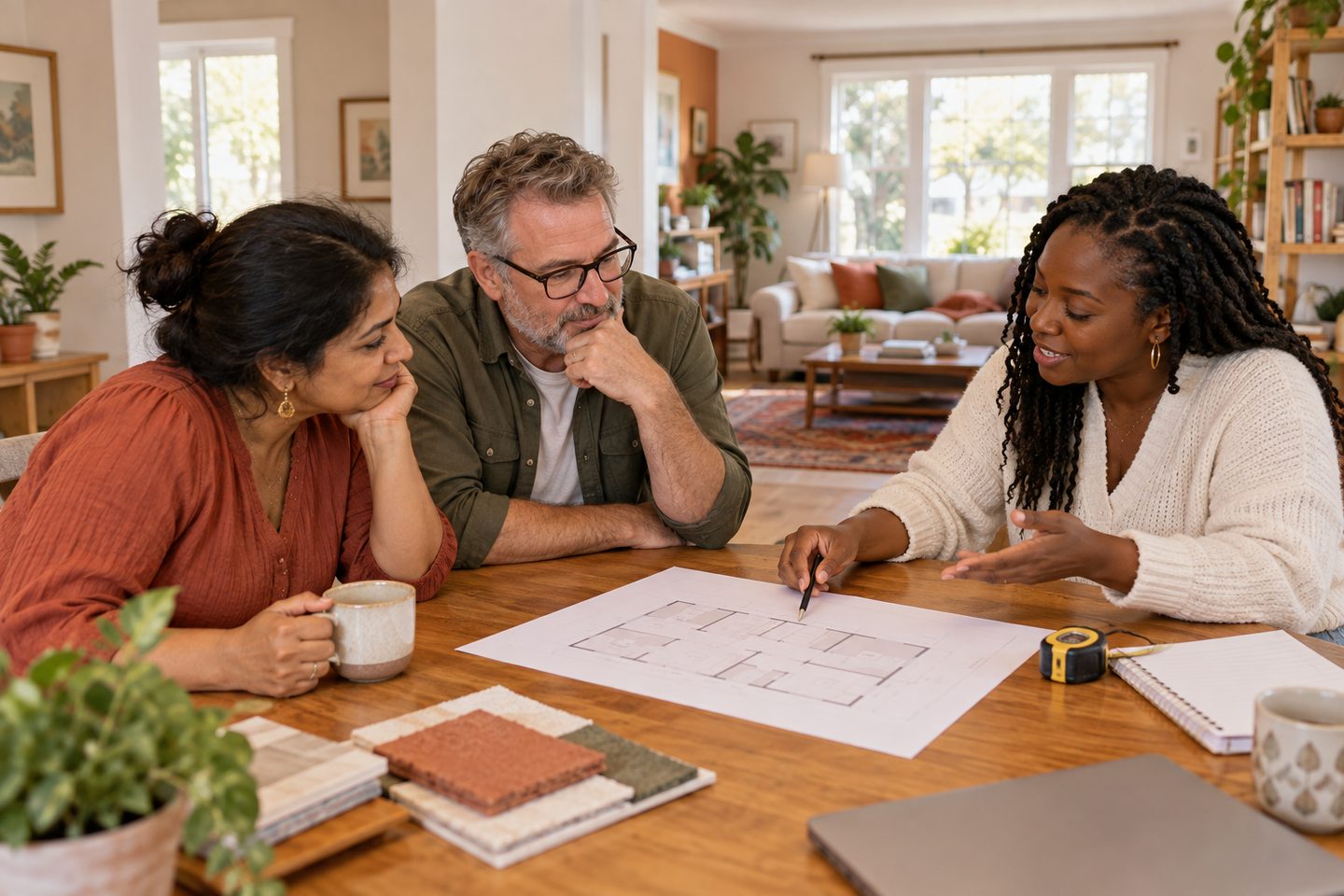 Homeowners and a design professional discussing a shared-home layout at a dining table.