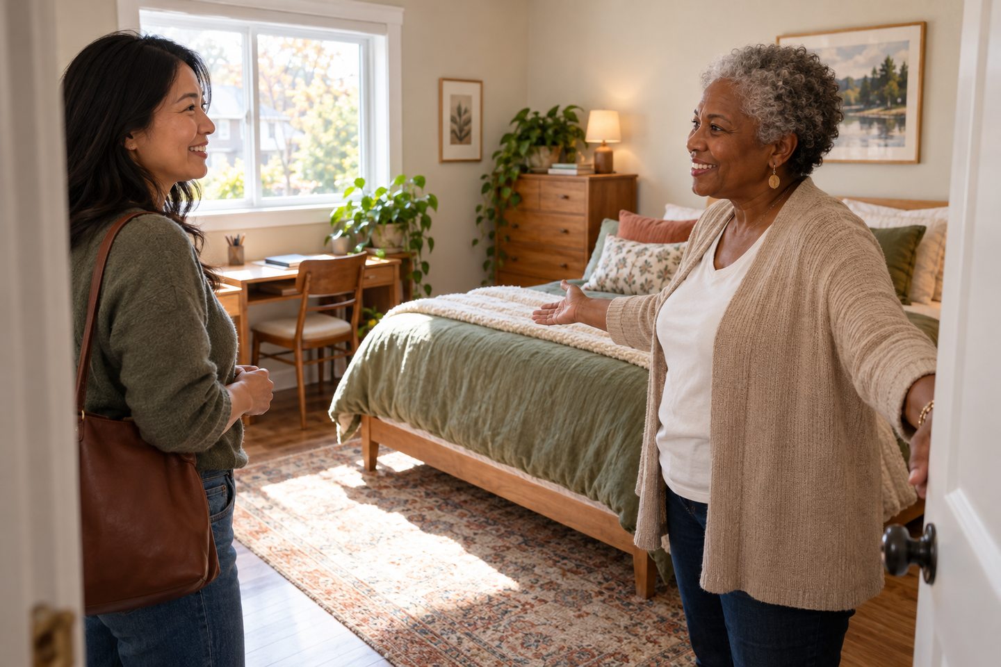 A homeowner showing a prospective Bunkmate a bright, comfortable spare bedroom.
