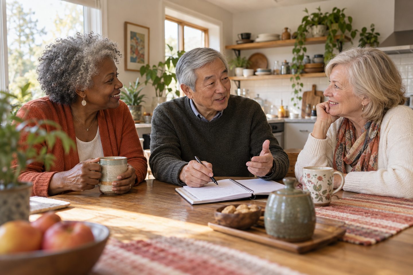 Three older housemates talking over tea and a notebook at a kitchen table.