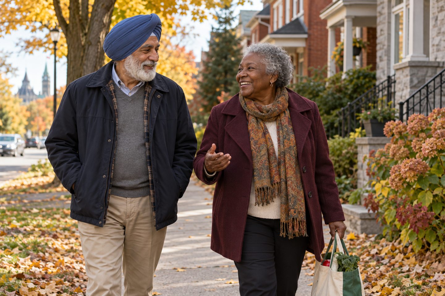 Two older housemates walking and talking on a leafy neighbourhood sidewalk.