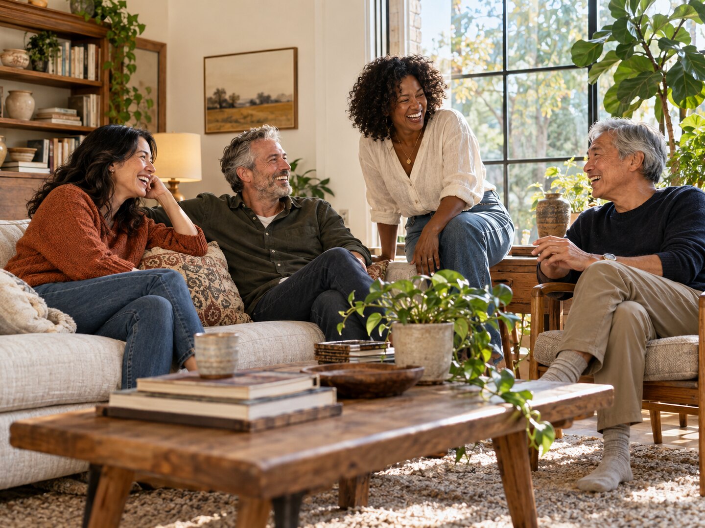 Four smiling housemates sharing a relaxed moment in a sunlit living room