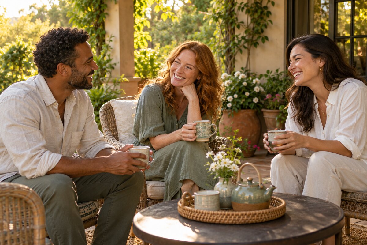 Three friends smiling over cups of tea on a leafy home patio