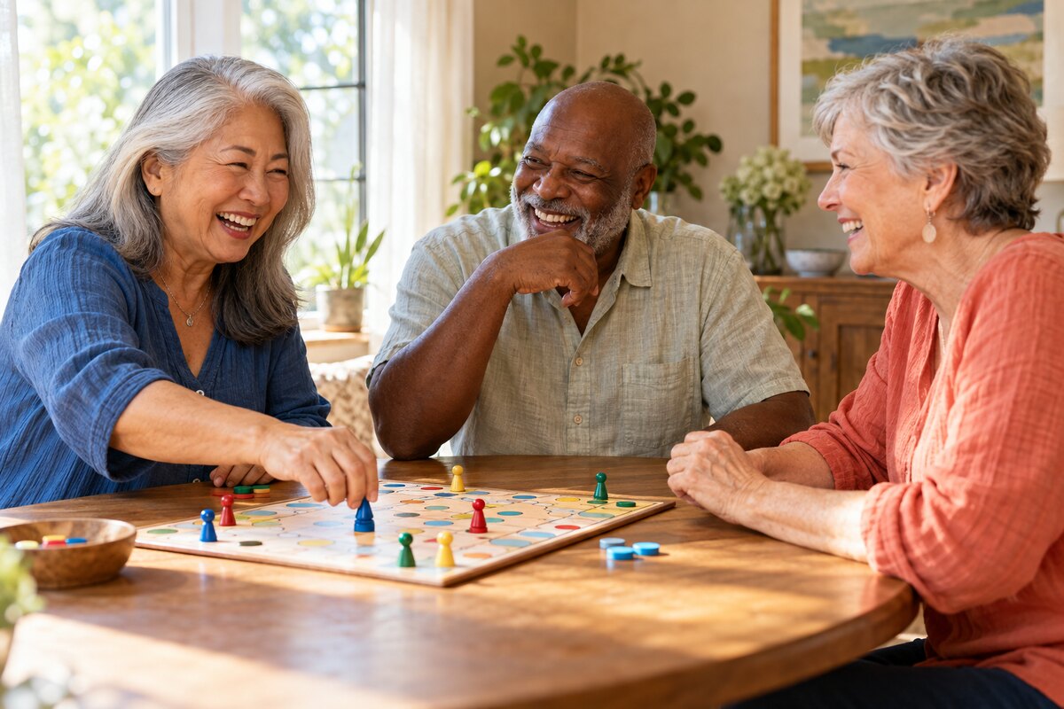 Three older friends smiling as they play a board game at home